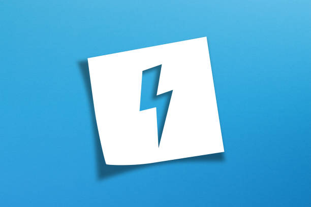 Energy, power symbol on white note paper with blue background. Sustainability and environmental concept