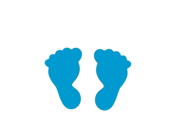 Wooden blue footprint on a white background with copy space