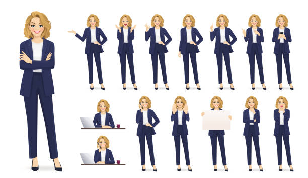 eleganter schöner business-frauen-charaktersatz - surprise ideas business person pointing stock-grafiken, -clipart, -cartoons und -symbole