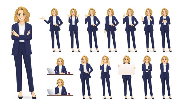 Elegant beautiful business woman character set Elegant beautiful business woman in different poses set. Various gestures female character standing and sitting at the desk isolated vector illustration fictional being stock illustrations