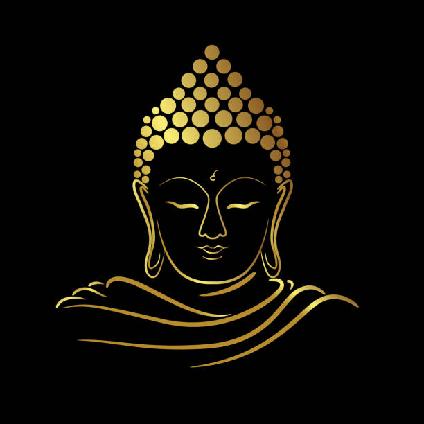 Golden face buddha with golden border isolate on black background Golden face buddha with golden border isolate on black background buddha face stock illustrations