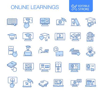 Online Learning icons set. Editable stroke vector illustration. E-Learning Icons. Blue color.

More icons in this collection: https://www.istockphoto.com/collaboration/boards/qUfvBxVnEU64XaERvnM_Fw