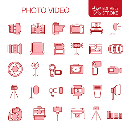 Photography and video icons set editable Stroke. Vector illustration. Red color.

You can find more unique icon sets at the link: https://www.istockphoto.com/collaboration/boards/qUfvBxVnEU64XaERvnM_Fw