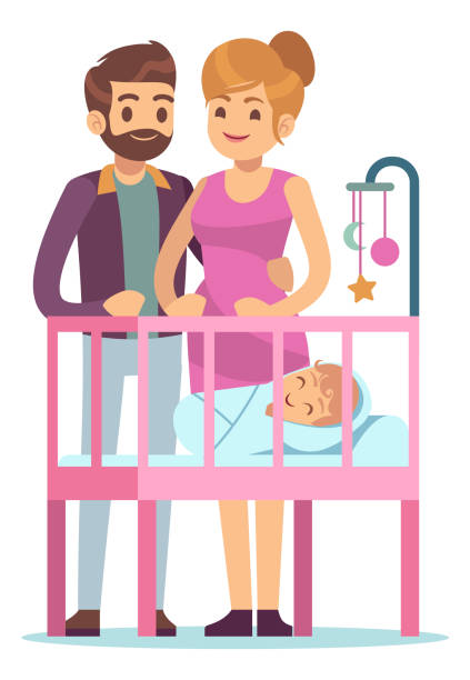 아기 침대에서 신생아를보고 미소 부모. 행복한 가족 - baby mother family crib stock illustrations