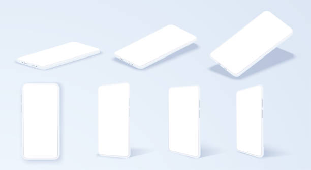 biały ekran smartfona wyświetla się w obróconej pozycji na różnych modnych na białym tle. delikatnie biały telefon w różnych pozycjach widok z góry, widok z boku i pochylenie. wektor - level surface level equipment angle stock illustrations