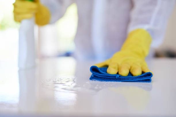 istock A cleaning professional sprays a kitchen counter with sanitiser 1371094622