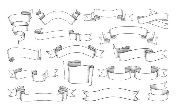 Vintage ribbon. Hand drawn retro scroll flag antique element. Decoration classic swirl tape engraving. Blank curled elegant bands. Isolated old stripe labels. Outline header frames. Vector sketch set