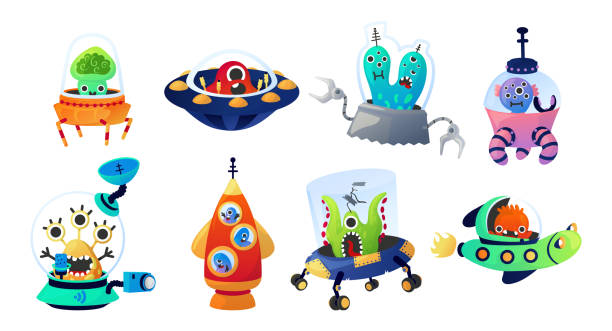 Aliens with spacecraft. Cartoon cosmic invader creatures flying on comic space transport. Cosmonauts driving spaceships. Childish monsters on rockets discovery universe. Vector UFO set Aliens with spacecraft. Cartoon funny cosmic invader creatures flying on comic space transport. Isolated cosmonauts driving spaceships. Childish monsters on rockets discovery universe. Vector UFO set alien invasion stock illustrations