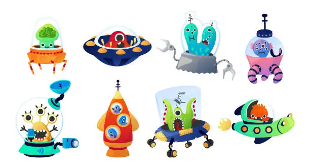 Vector illustration of Aliens with spacecraft. Cartoon cosmic invader creatures flying on comic space transport. Cosmonauts driving spaceships. Childish monsters on rockets discovery universe. Vector UFO set