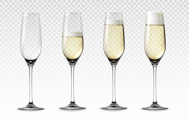 Realistic glass of sparkling wine. Transparent mockup of empty or half full wineglass with bubbled wine. Wedding and Valentine day celebration toast. Vector 3D champagne glassware set Realistic glass of sparkling wine. Transparent mockup of empty or half full high wineglass with bubbled white wine. Wedding and Valentine day celebration toast. Vector 3D champagne glassware set champagne flute stock illustrations