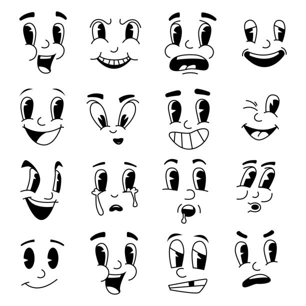 Retro cartoon faces. Fanny mascot emotions from cartoons. 30s 40s 50s hand drawn facial expressions. Emotional caricatures with eyes and mouths. Vector unhappy or cheerful smile set Retro cartoon faces. Fanny mascot emotions from old cartoons. 30s 40s 50s hand drawn facial expressions. Emotional characters caricatures with eyes and mouths. Vector unhappy or cheerful smile set cartoon of the clothes line stock illustrations