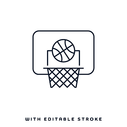 Basketball game concept graphic design can be used as icon representations. The vector illustration is line style, pixel perfect, suitable for web and print with editable linear strokes.