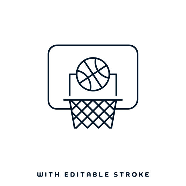 Basketball Game Line Icon Design Basketball game concept graphic design can be used as icon representations. The vector illustration is line style, pixel perfect, suitable for web and print with editable linear strokes. making a basket scoring stock illustrations