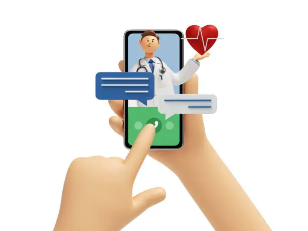 Photo of 3d rendering, medical illustration isolated on white background. Heart checkup. Online consultation with doctor. Cartoon character hands call mobile phone with cardiologist popping out from screen