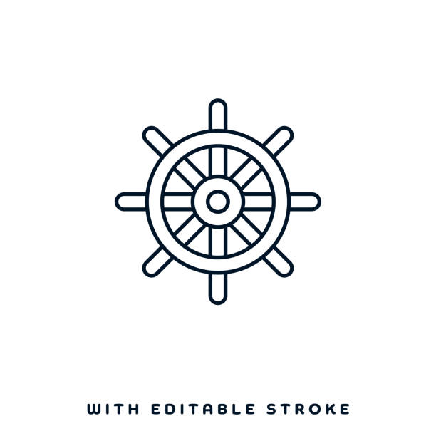ilustrações de stock, clip art, desenhos animados e ícones de sailboat steering wheel line icon design - equipamento náutico