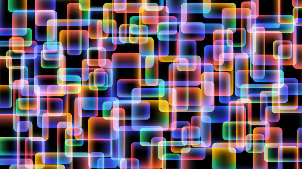 Multicolored abstract background of overlapping transparent rectangles. Vector illustration. Abstract multicolored background of overlapping transparent rectangles with neon illumination on a black background. Vector illustration. background tile flash stock illustrations