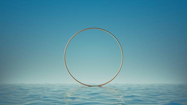 3d render, Surreal seascape with golden ring in the middle of the sea. Wallpaper with blue sky above the water. Modern minimal abstract background with blank round frame stock photo