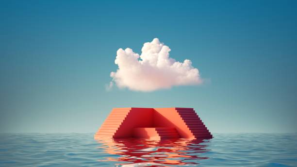 istock 3d render, abstract minimal background with red steps empty pedestal, white cloud in the blue sky and water. Simple showcase for product presentation 1371098483