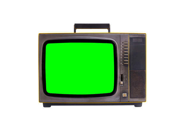 istock Vintage television with cut green screen isolated on white background. clipping path 1371102505