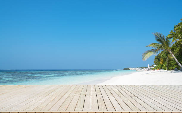푸른 하늘 배경과 아름다운 열대 섬 해변 옆에 빈 나무 테라스 - hut maldives beach hut jetty 뉴스 사진 이미지