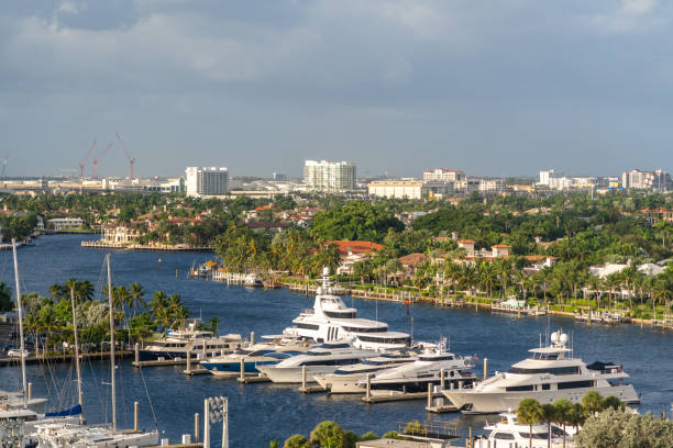 Fort Lauderdale, USA - September 19, 2019: Aerial view marina From Above with yachts in Fort Lauderdale