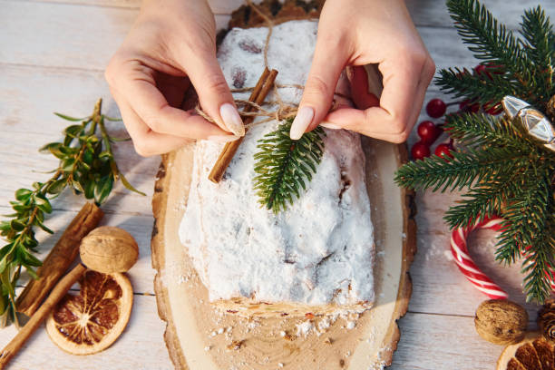 istock Stollen with holiday decorations. Christmas background 1371105318