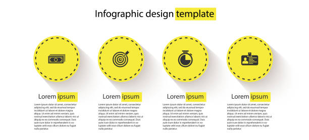 set stapel papiergeld bargeld, ziel mit pfeil, stoppuhr und identifikationsschild. infografik-vorlage für unternehmen. vektor - archery target sport sport computer icon stock-grafiken, -clipart, -cartoons und -symbole