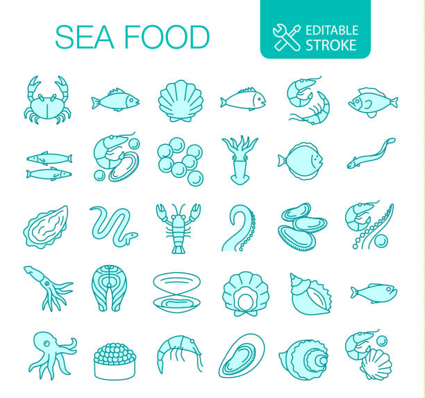 illustrazioni stock, clip art, cartoni animati e icone di tendenza di seafood line icons set tratto modificabile - fish oil illustrations