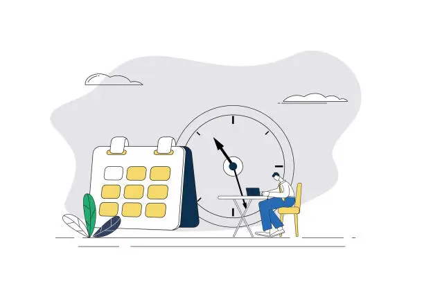 Vector illustration of Male white-collar worker struggles to complete work plan on time.