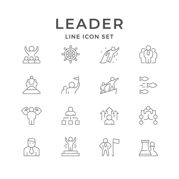 Set line outline icons of leader Set line outline icons of leader isolated on white. Boss, manager, business person, company hierarchy. Vector illustration chiefs stock illustrations