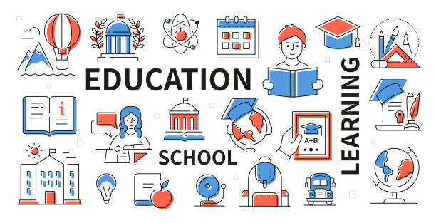 学校教育 - モダンフラットデザインスタイルのウェブバナー - apple outline red vector点のイラスト素材／クリップアート素材／マンガ素材／アイコン素材