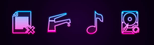 Set line Delete file document, Water tap, Music note, tone and Hard disk drive HDD sync refresh. Glowing neon icon. Vector Set line Delete file document, Water tap, Music note, tone and Hard disk drive HDD sync refresh. Glowing neon icon. Vector. neon music notes stock illustrations