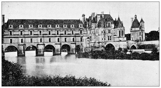 antique travel photographs of france: chenonceaux and the river cher - cher stock illustrations