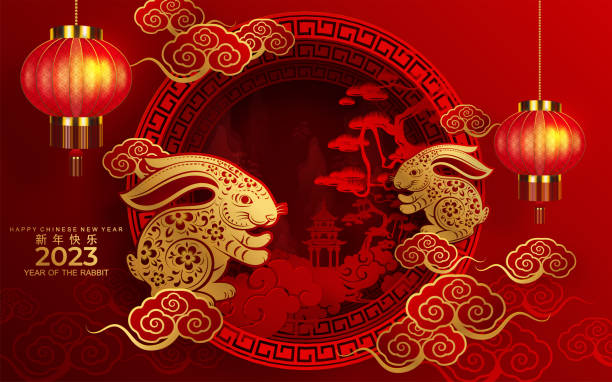 с китайским новым 2023 годом кролика - red lantern stock illustrations