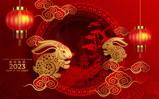 Happy chinese new year 2023 year of the rabbit Happy chinese new year 2023 year of the rabbit zodiac sign, gong xi fa cai with flower,lantern,asian elements gold paper cut style on color Background. (Translation : Happy new year) lunar new year stock illustrations
