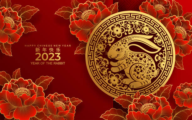 Happy chinese new year 2023 year of the rabbit Happy chinese new year 2023 year of the rabbit zodiac sign, gong xi fa cai with flower,lantern,asian elements gold paper cut style on color Background. (Translation : Happy new year) chinese new year stock illustrations