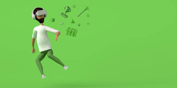 istock Man playing with virtual reality headset on green background with elements of online games. Copy space. 3D illustration. Cartoon. 1371120979