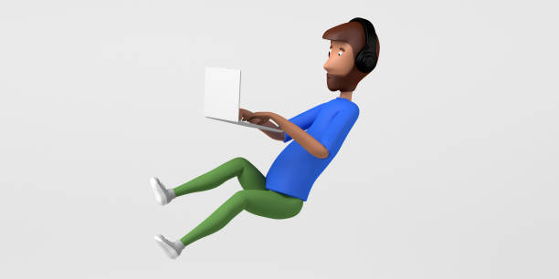 istock Floating man working with a laptop computer. Freelance. Copy space. 3D illustration. Cartoon. 1371121246