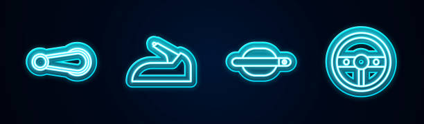 istock Set line Car door handle, handbrake, and Steering wheel. Glowing neon icon. Vector 1371121792