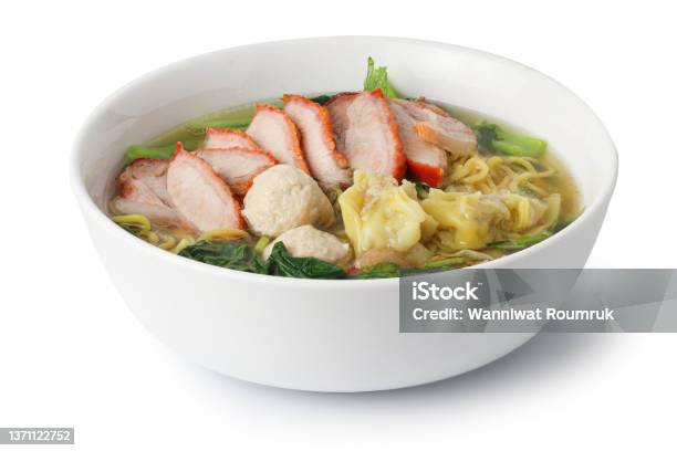 Egg Noodles With Pork Wonton Soup Or Pork Dumplings Soup And Vegetable Isolated On White Background With Clipping Path Asian Food Style Stock Photo - Download Image Now