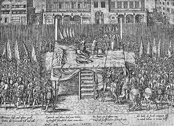 Execution of the Counts Egmont and Huorn in the market square in Brussels Illustration from 19th century. executioner stock illustrations
