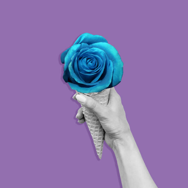 istock Ice cream waffle cone with blue rose inside in a female hand isolated on a very peri violet color 1371124975