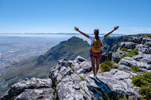 view from the Table Mountain in Cape Town South Africa, view over ocean and Lions Head from Table Mountain Cape Twon stock photo