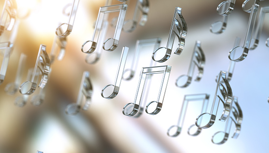 3d illustration of musical notes and musical signs of abstract music sheet.Songs and melody concept.