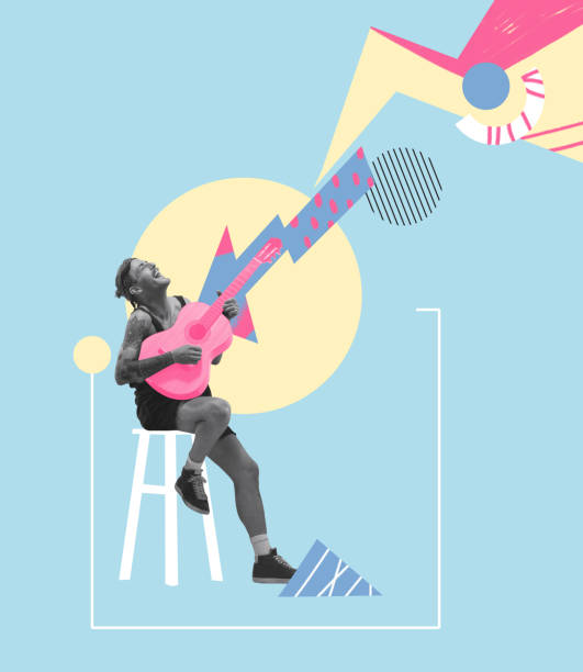 istock Happy performer playing guitar on blue color background with geometric pattern. Modern design. Conceptual, contemporary artcollage. Art, music, fashion 1371127361