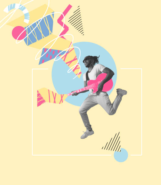 istock Young man, musician playing guitar on pastel color background with geometric pattern. Modern design. Conceptual, contemporary artcollage. Art, music, fashion 1371127363