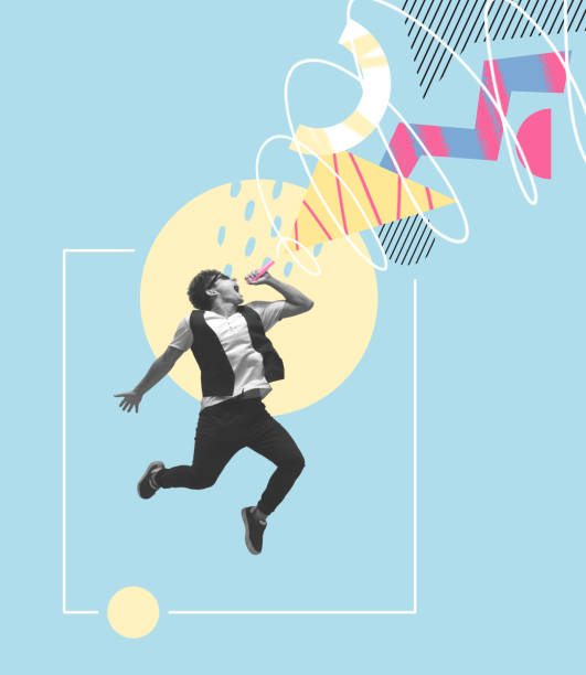 istock Excited young man, singer singing at microphone on blue color background with geometric pattern. Modern design. Conceptual, contemporary art collage. Art, music, fashion 1371127364