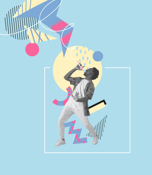 istock Excited young man, singer singing at microphone on blue color background with geometric pattern. Modern design. Conceptual, contemporary art collage. Art, music, fashion 1371127367