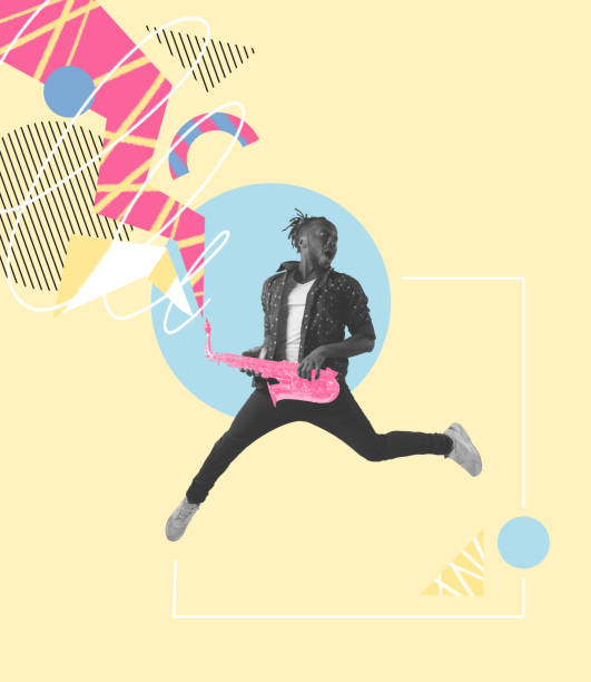istock Stylish hipster, man playing saxophone on pastel color background. Copy space for ad, text. Modern design. Retro styled, surrealism, fashionable. 1371127373