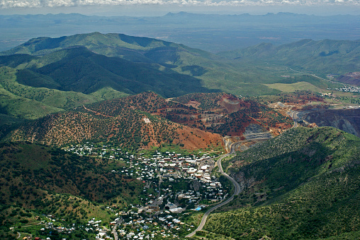 Aerial view of “B” mountain and Bisbee Arizona. The border with Mexico can be seen in the distance.